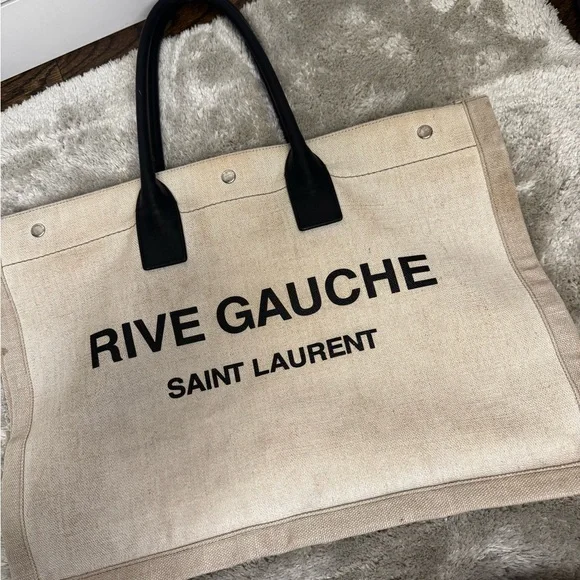 Saint Laurent Rive Gauche Beige Canvas Tote with Black Handles /canvas leather - Picture 1 of 11